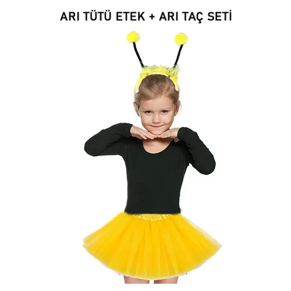 Sarı Arı Tütü Etek ve Sarı Ponponlu Arı Taç Seti