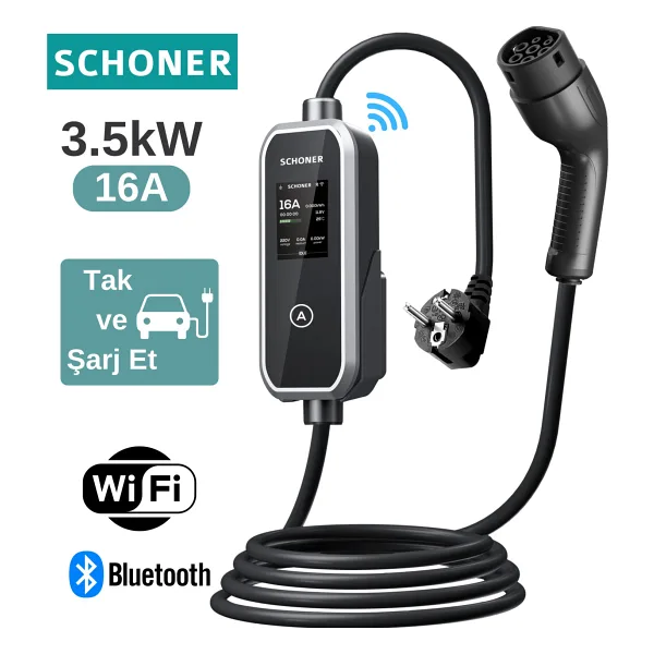 Schoner 3.5kw Taşınabilir Elektrikli Araç Şarj Istasyonu -Tak ve Şarj Et- Wi-Fi / Bluetooth Smart 5 Metre Tip2 Kablolu