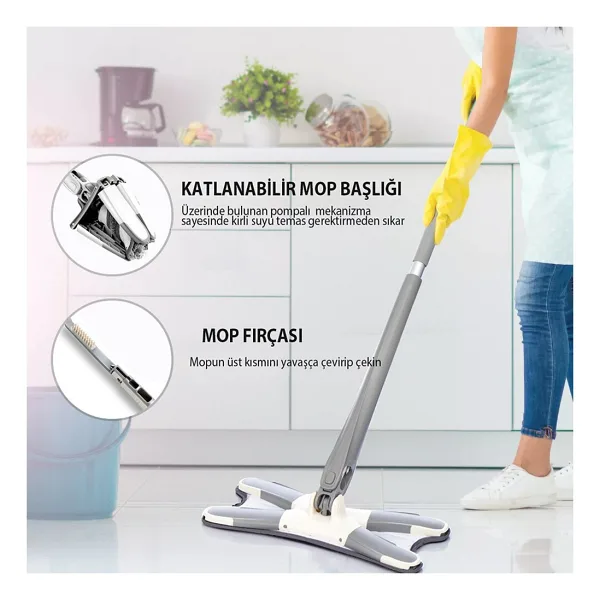 Vadi Home x Mop Yer ve Duvar Silme Mop Kendinden Sıkmalı - Gri