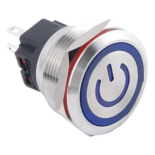 WD25B-P1Z-EC 25mm Düz Anahtarlı Işıklı Power Metal Buton - Mavi