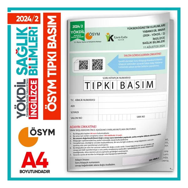 2024/2 Yökdil İngilizce Sağlık Bilimleri Ösym Çıkmış Soru Tıpkı Basım Deneme Kitapçığı Türkiye Genel
