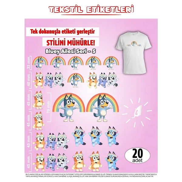 Agg Reklam Ütü ile Yapışan Kıyafet Etiketi Bluey Serisi -5 20LI Set - Karışık Renkler