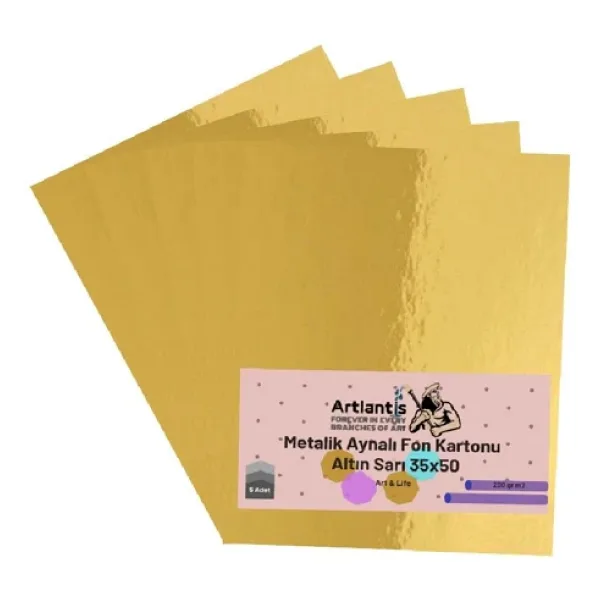 Altın Sarı 35x50 Metalik Aynalı Fon Kartonu 5 Adet 1 Paket Artlantis Aynalı Metalik Fon Kartonu