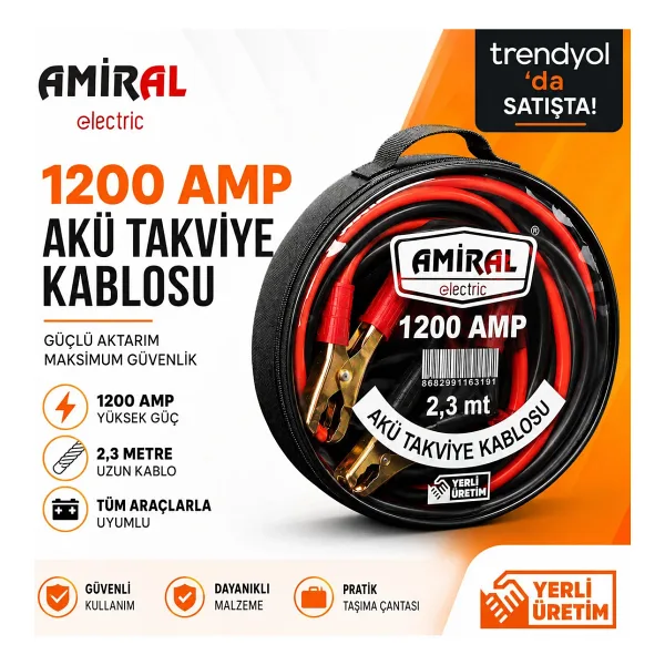 amiral Akü takviye kablosu 1200 Amper 2.30 Metre Kablolu Çantalı 1.SINIF