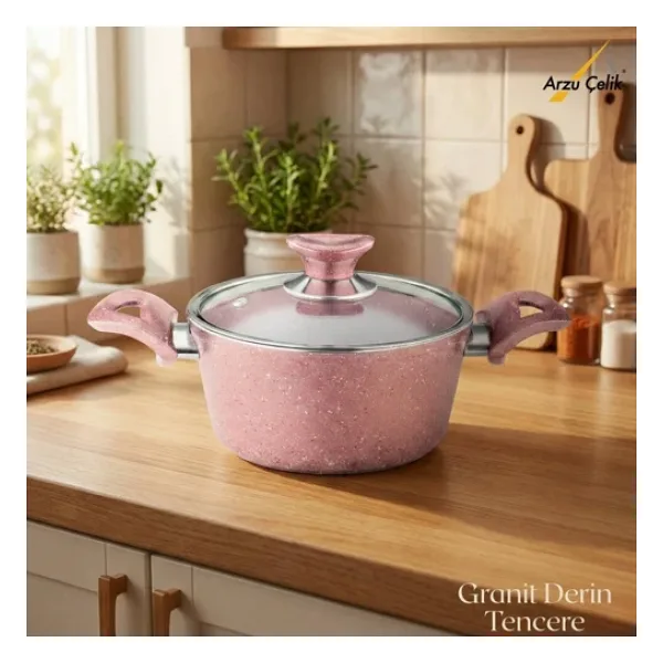 Arzu Cam Kapaklı Pembe 20 cm Derin Granit Tencere