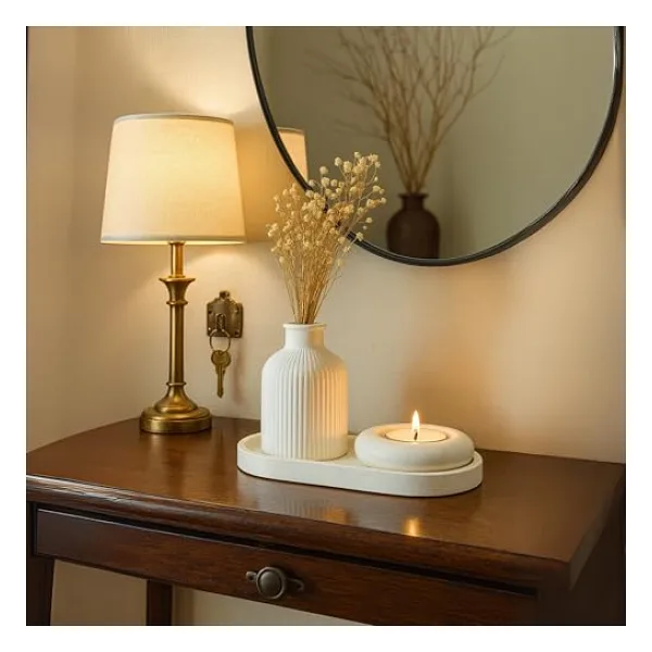 Beyaz Seramik Vazo, Tealight Mumluk ve Dekoratif Tepsi Seti - Beyaz Minimal Tasarım