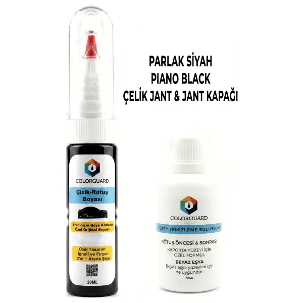 COLORGUARD Parlak Siyah Piano Black Jant Rötuş Boyası İğneli Fırçalı Şişe + Yüzey Temizleme Solüsyonu Set