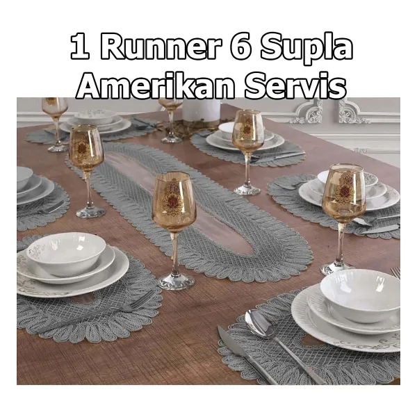 Çt Çeyizci Tekstil Supla Runner Seti Sunumluk Kordone Nakışlı Modern Amerikan Servis Takımı 6 Kişilik Set