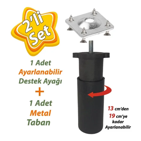 Destek Ayağı 13-19 Cm Siyah Ve Metal Düz Ayak Tabanı M8 Civatalı İnce Diş Mobilya Kanepe Baza Koltuk Seti