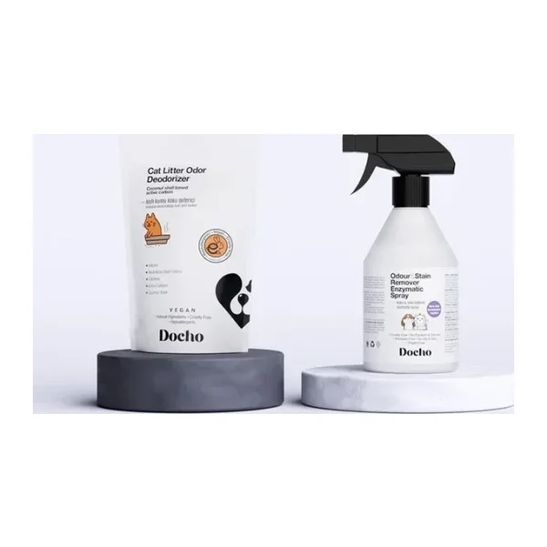 Docho Kedi Kumu Koku Giderici Aktif Karbon 400 gr ve Koku ve Leke Çıkarıcı Enzimatik Sprey 500 ml Seti