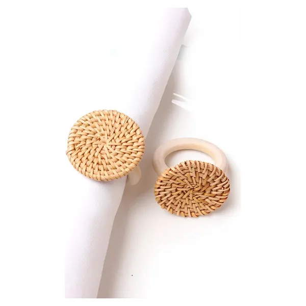 El Yapımı Ahşap Halkalı Rattan Peçete Yüzüğü - 6'lı Set