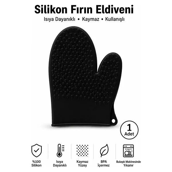 Evolis Kitchen 1 Adet Silikon Isıya Dayanıklı Yanmaz Yapışmaz Fırın Eldiveni Siyah