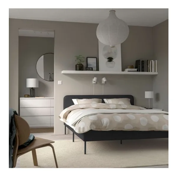 IKEA Çift Kişilik Karyola, Koyu Gri, Yumuşak Kumaş Vissle Kaplı.