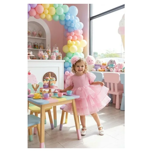 Kız Bebek Pembe Caroline Kumaş Karpuz Kollu Abiye Elbise 1-5 Yaş