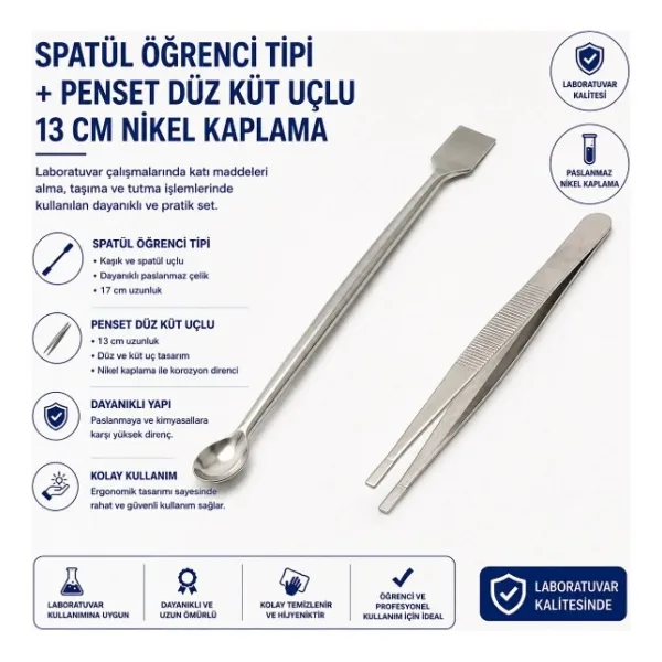 Labolist Spatül Öğrenci Tipi + Penset Düz Küt Uçlu 13 Cm Nikel Kaplama