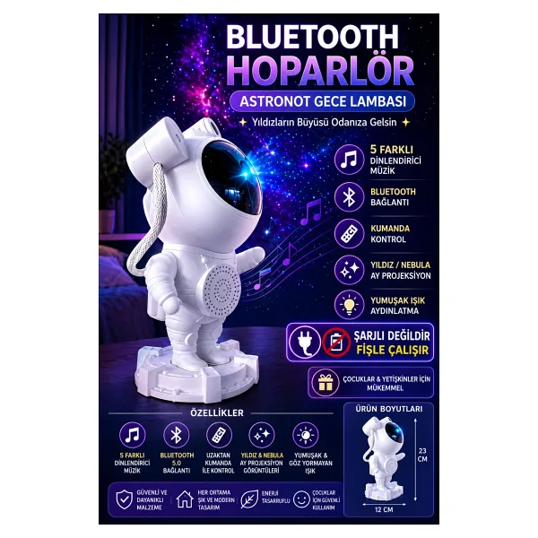 nextbuy Astronot Bluetooth Hoparlör Galaxy Bulutsusu Ay Tavan Gökyüzü Projektör Zamanlayıcı Gece Lambası