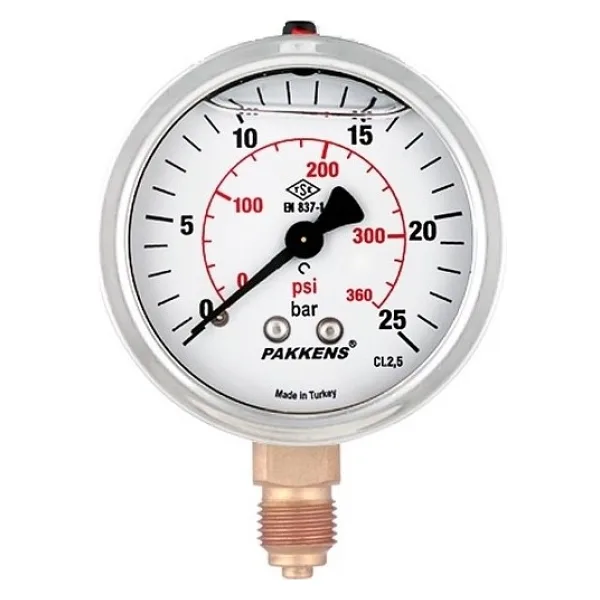 Pakkens Gliserinli Manometre - Q63 0-315 BAR (1/4") ALTTAN BAĞLANTILI GLİSERİNLİ MANOMETRE
