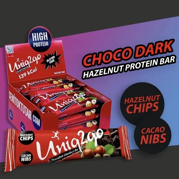 Uniq2go Chocodark 38 gr 16'lı Fındıklı Protein Bar