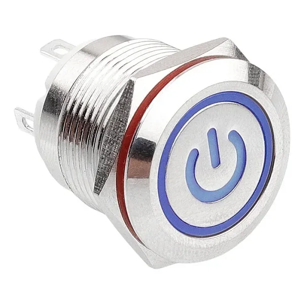 WD19H-P1-EC 19mm Düz Yaylı Işıklı Power Metal Buton - Mavi