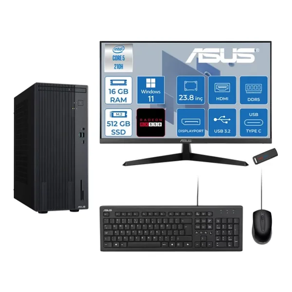 Asus Expertcenter P500mv Intel CoreTM Ultra 5 210H 4.8Ghz Aı 16Gb Ddr5 512Gb Ssd 23.8" 120Hz 4Gb/Rx550 Wın11home Mini Tower Masaüstü Bilgisayar D52108512b0d21h02+Zettausbbellek