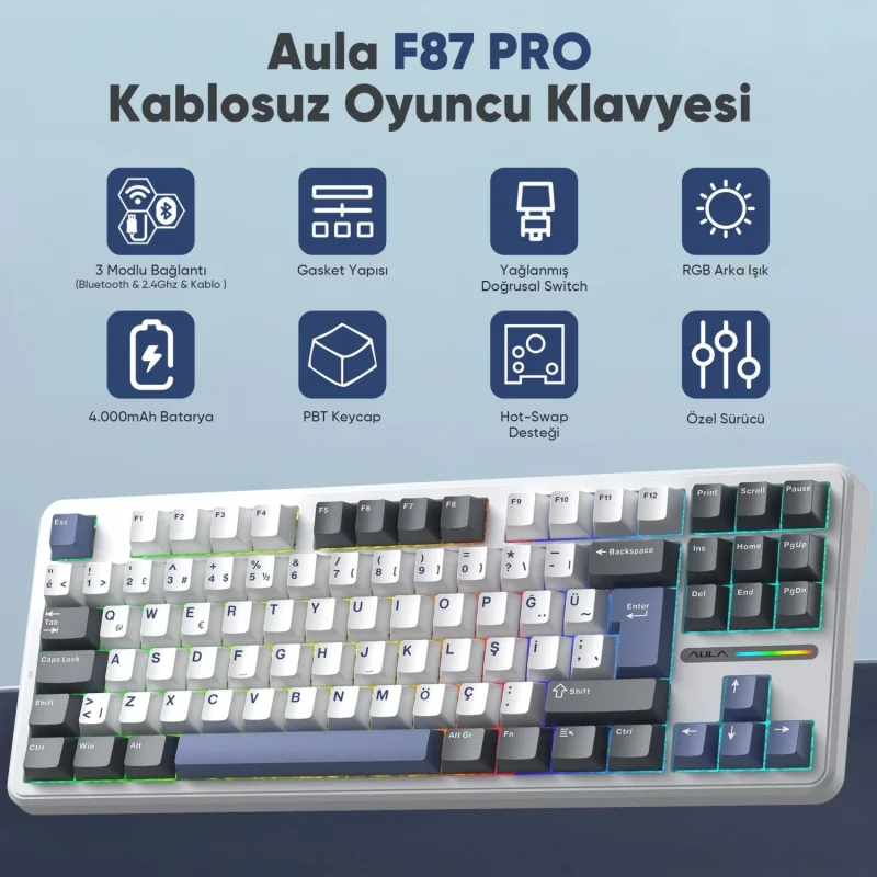 Aula F87 Pro Mavi RGB Tkl Graywood V4 Switch Kablolu/Kablosuz Mekanik Oyuncu Klavyesi - Görsel 2