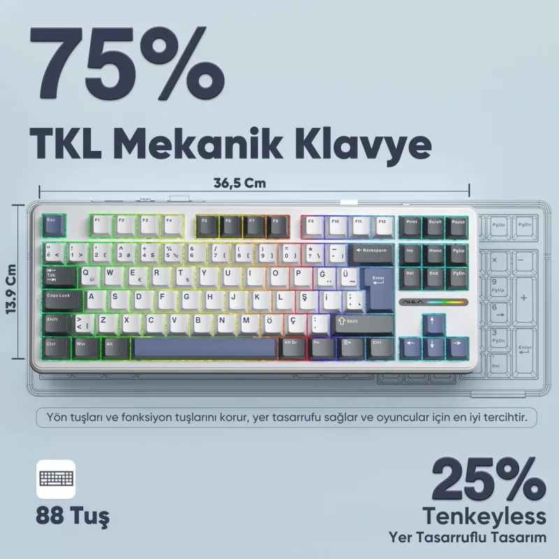 Aula F87 Pro Mavi RGB Tkl Graywood V4 Switch Kablolu/Kablosuz Mekanik Oyuncu Klavyesi - Görsel 4