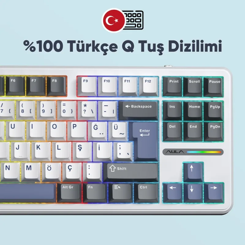 Aula F87 Pro Mavi RGB Tkl Graywood V4 Switch Kablolu/Kablosuz Mekanik Oyuncu Klavyesi - Görsel 5