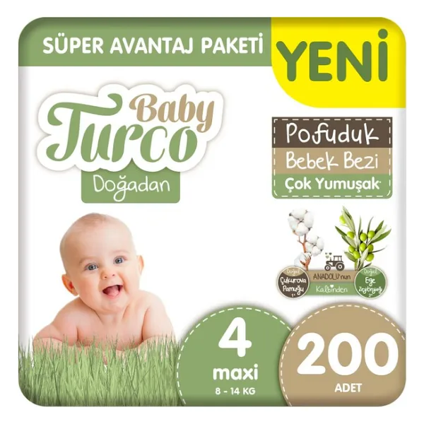 Baby Turco Doğadan Bebek Bezi Ultra Avantaj Paketi Maxi 4 Numara 200 Adet