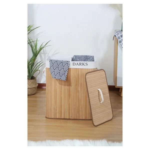 Bambu Kirli Temiz Bölmeli Çamaşır Sepeti 32X52X60 - Bej