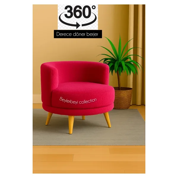 BEYLERBEYİ 360 Derece Döner Berjer, Fuşya Rengi Peluş Kumaş, Tekli Koltuk, Mekanizmalı, Berjer Pembe