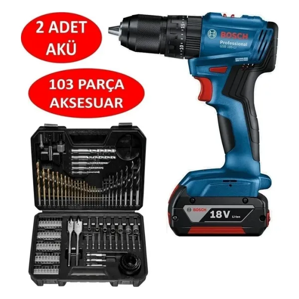 Bosch GSB 185-LI 2 x 2.0 Ah Çift Akülü Darbeli Matkap + 103 Parça V-line Karışık Uç Seti