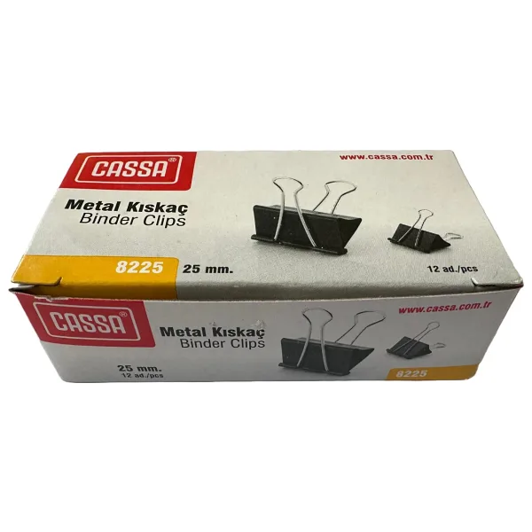 Cassa 8225 25 Mm. Metal Çelik Siyah Kağıt Kıskacı Ataş Evrak Mandalı - 12 Adetlik Paket