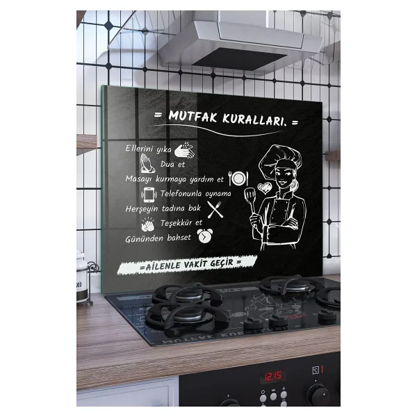 Decovetro Ocak Arkası Koruyucu Mutfak Kuralları Yazı Desenli 60x52cm