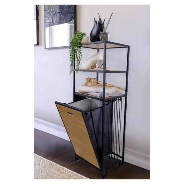 Digithome Metal Kirli Sepetli 3 Raflı Çok Amaçlı Banyo Düzenleyici Raf Organizer Siyah/atlantik Çam Mrs-008