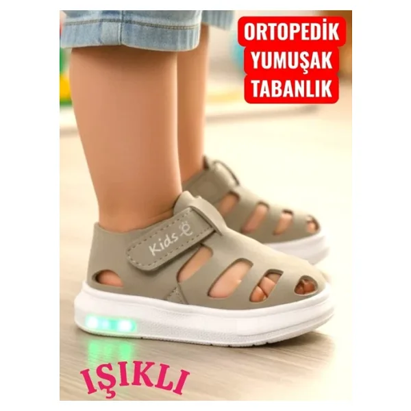 Işıklı Cırt Cırtlı Kız Çocuk Beyaz Yumuşak Ortopedik Taban Spor Sandalet Terlik