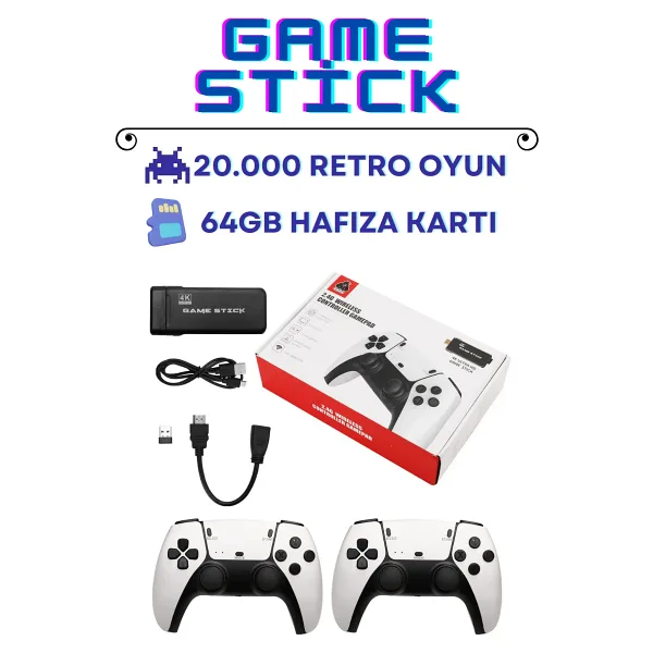 L'eDoren 4k Kablosuz Çift Kol Retro Oyunlar Game Stick 64gb Hafıza 20000 Oyun Atari