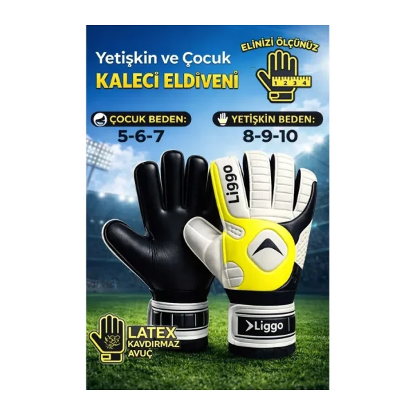 Liggo Reflex Yetişkin ve Çocuk Kaleci Eldiveni Bilek Bandajlı 5-6-7-8-9-10 Numara - Yeşil