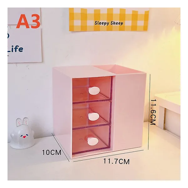 Masaüstü Kalemlik Organizer 7 Bölmeli Kawaii Kapaklı Mini Çekmeceli Kalemlik - Pembe Pembe