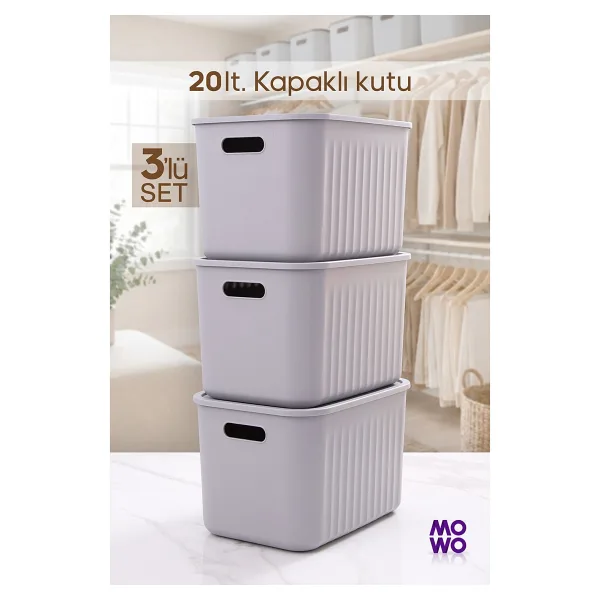 Mowo Home Gri Renk 20 Lt Çok Amaçlı Düzenleyici Kapaklı Kutu, Saklama Kutusu, Organizer, Storage, Sepet