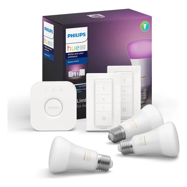 Philips Hue 1100 Renkli Ambiyans 11 W-75 W E27 3'lü Akıllı LED Ampul + Dimmer Anahtar + Bridge Başlangıç Seti