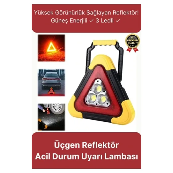 Premium Güneş Enerjili Güçlü Işık 3 Ledli Solar Üçgen Refluj Reflektör Acil Durum Uyarı Lambası