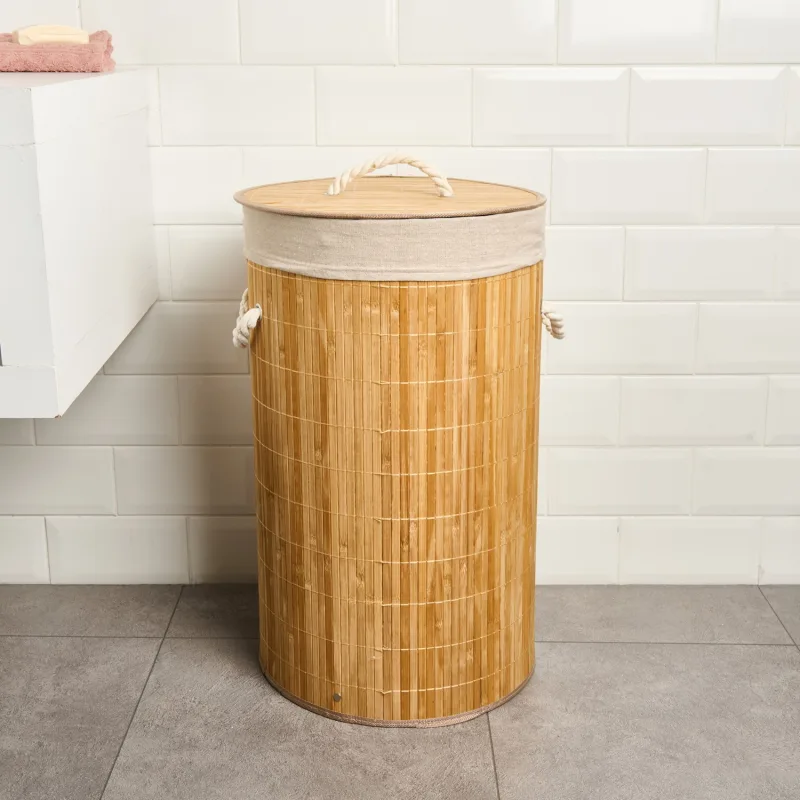 Simple Living 60 lt Yuvarlak Katlanır Bambu Çamaşır Sepeti
