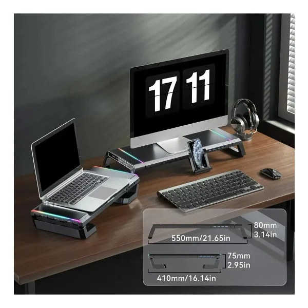 Techtic Bilgisayar Monitor Yukseltici Laptop Sehpasi Rgb 4 Usb Hub Yukseklik Ayarli Monitor Standi