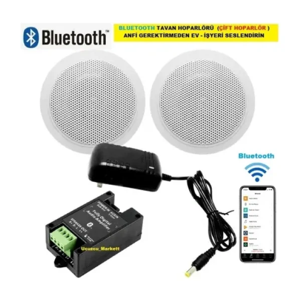 Uygun Market Bluetooth Özellikli Tavan Hoparlörü (Çift Hoparlör) Anfi Kullanmadan Ev-Işyerini Seslendirin