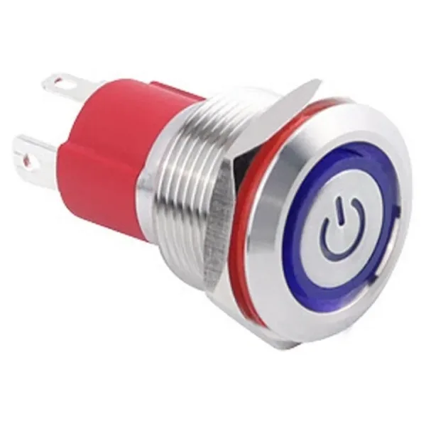 WD19D-P1Z-EC 19mm Düz Anahtarlı Işıklı Power Metal Buton - Mavi