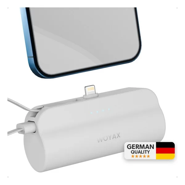 Woyax iPhone Lightning Soketli Mini Powerbank 5000mAh Type-C Dahili Kablolu Taşınabilir Şarj Cihazı Beyaz