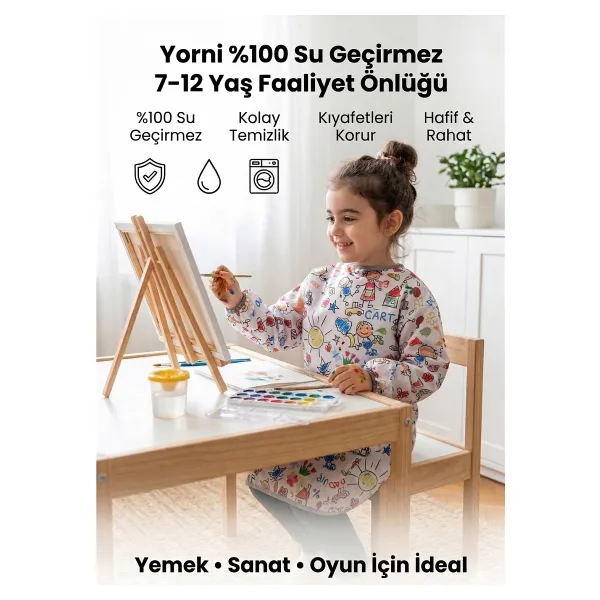 Yorni Family 7-12 Yaş Sıvı Geçirmeyen, Çocuk Aktivite Boyama, Faaliyet, Etkinlik Önlüğü - Beyaz