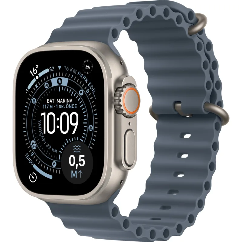 Apple Watch Ultra 3 GPS + Cellular 49mm Natürel Titanyum Kasa ve Demir Mavisi Ocean Kordon Akıllı Saat