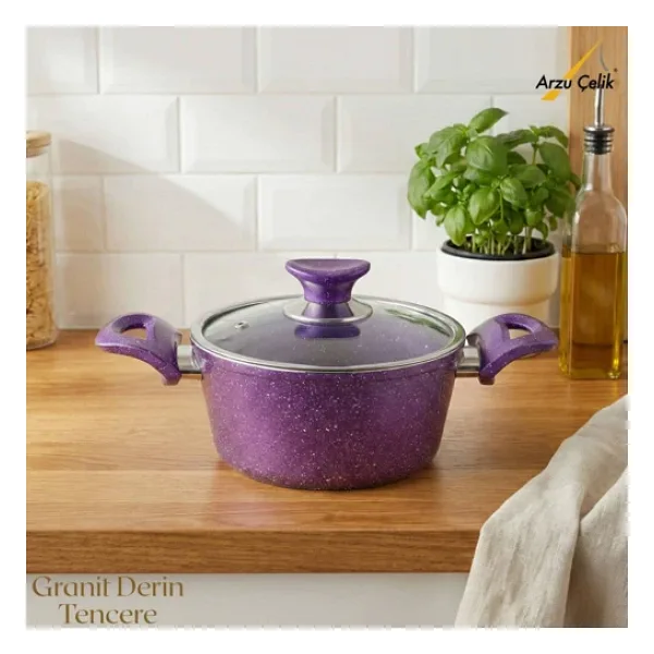 Arzu Cam Kapaklı Violet 18 cm Derin Granit Tencere