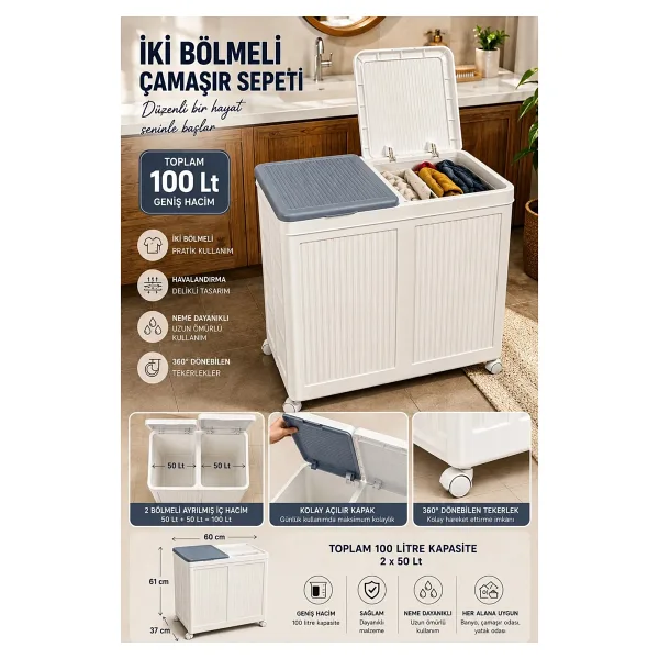 Bursev Tekerlekli Katlanır Çift Bölmeli Çamaşır Sepeti 100 Lt - Pratik ve Geniş Hacimli Kirli Çamaşır Sepeti - 61X49,5X36 CM - Beyaz